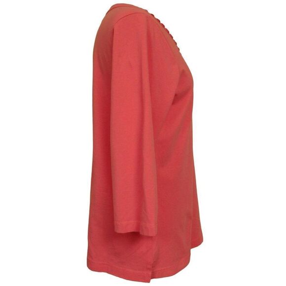 Quacker Factory Bright Pink Beaded V-Neck Pullover Cotton Stretch Top Sz M - Picture 3 of 5